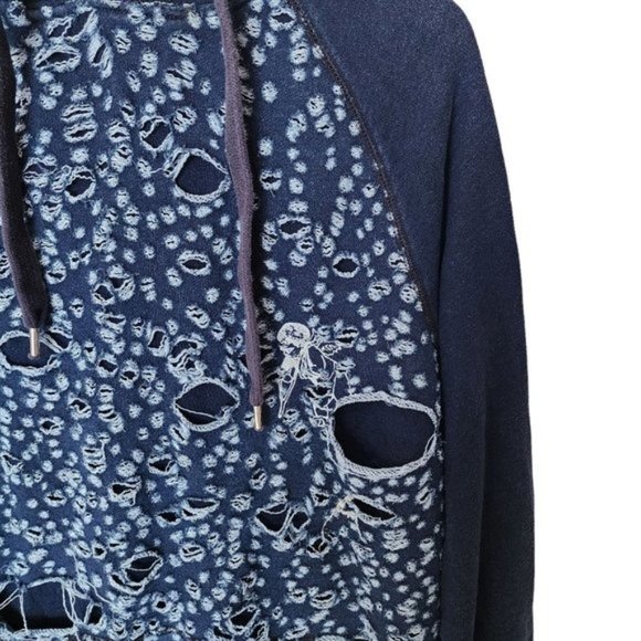PRPS Goods Indigo Blue Distressed Hooded Sweatshirt 2XL Kangaroo Pocket Slim aci - Picture 4 of 16